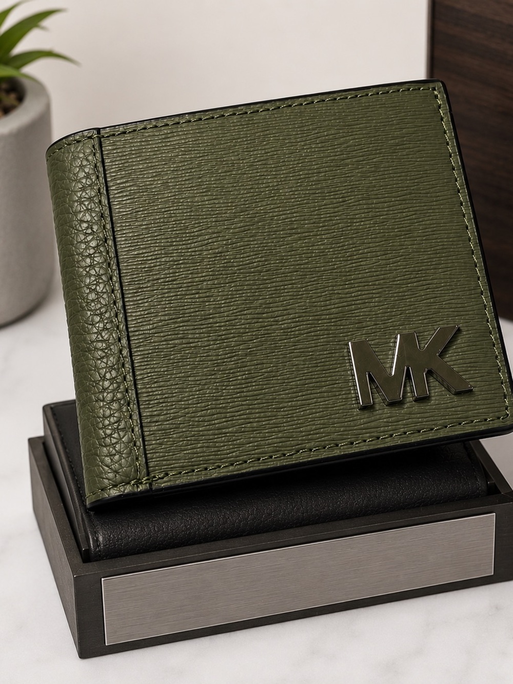 Michael Kors Olive Green Textured Leather Bifold Wallet MK Logo